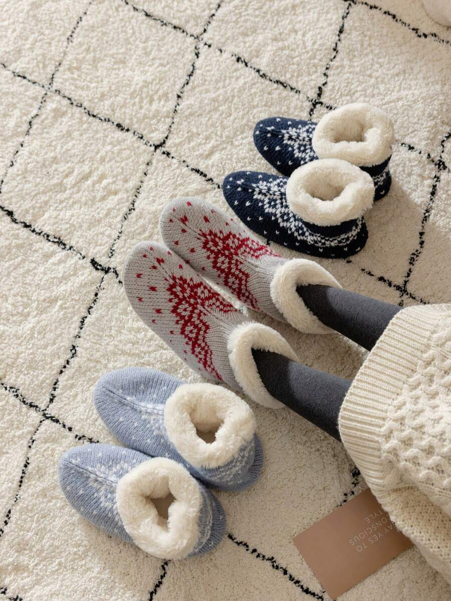 1 Pair Rabbit Fur Thermal Lined Slipper Socks, Soft Warm Thick Non-Slip Floor Socks For Men And Women, Autumn/Winter, Cozy Socks - Multicolor - View 1