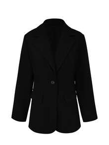 女士纯色冬季西装外套，时尚口袋和翻领设计，宽松版型，适合办公室和日常穿着，女士冬季服装。轻薄外套，也适合春夏季节穿着。黑色 - 黑色 - 查看 2