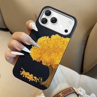 Goldener Geldbaum-Design Muster Neueste Handyhülle für  17 Air, Ledertextur Hülle geeignet für  16 15 14 13 12 11 Pro Max Plus, Modisches Muster,Ästhetische Abdeckung,Robustes Gehäuse,Stoßfeste Hülle,Stilvolle Hülle,Mode-Liebhaber,-Nutzer