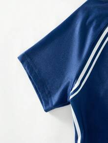 2pcs/Set Girls Casual Everyday Wear Fashion Letter Print Round Neck Short Sleeve T-Shirt And Long Pants Set, Summer - Navy Blue - View 6