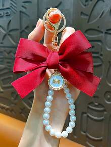 1pc Elegant Large Satin Bow Keychain, Beaded Pearl Bracelet Pendant, 6 Color Options, Creative Charm Bag Accessory, Key Chain For Women, Gifts For Girlfriend, Mom, Teacher, Couples, Christmas, Thanksgiving, Party