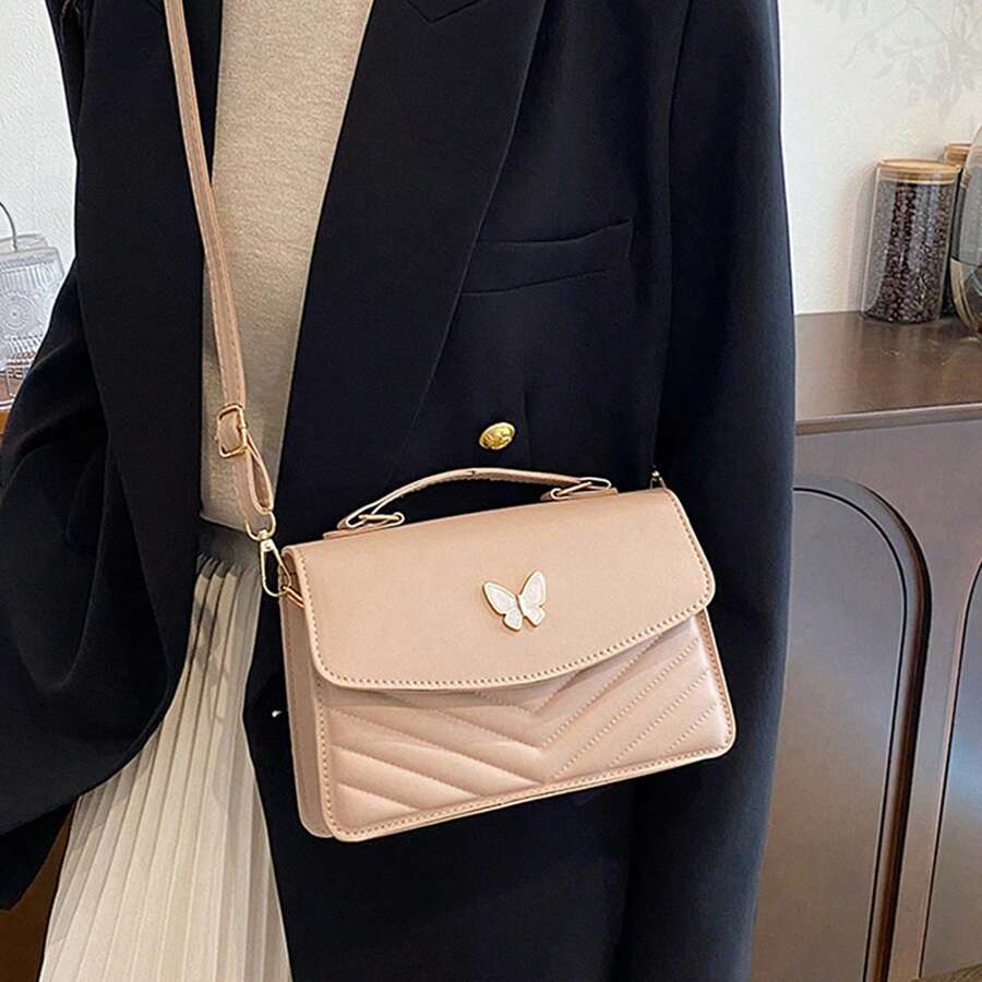 Crossbody Bag for Women PU Butterfly Decoration Durable Lightweight Shoulder Bag with Adjustable Strap and Magnetic Snap Closure - Caqui - Ver 1