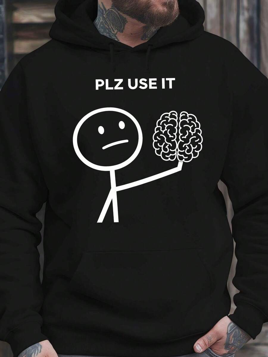 Sudadera Casual de Invierno de Una Pieza, Camisa de Manga Larga de Color Sólido para Hombre, Sudadera Formal con Gorro Gratis - Moda Americana, Adecuada para Adolescentes - Negro - Ver 1