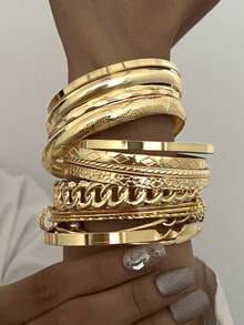 15pcs/Set Fashionable, Elegant, Delicate, Vintage, Geometric, Knot, Beaded, Multi-Layer, Braided, Textured, Smooth, Minimalist, Metal Bangle Bracelet Set, Suitable For Holiday, Party, Date, Gift, Daily Wear - Yellow Gold - View 3