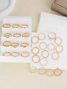 28pcs Minimalist Rhinestone Heart & Wave Rings, Gold Geometric Knuckle Rings Set [Size Noted, Closed Rings, Please Do Not Force Open]