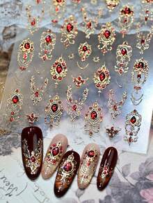 1片复洛克金箔美甲贴纸，奢华仿宝石设计美甲装饰，女士及女孩DIY美甲配件，适合美甲新手 - 彩色 - 查看 4