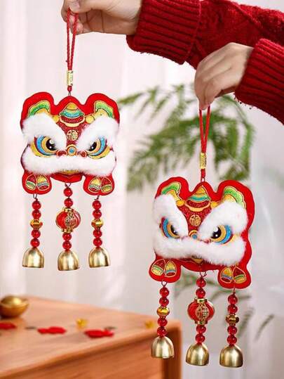2pcs Traditional Chinese Lion Dance Hanging Decor - Festive Red & Gold Wall/Door Chime, With Feathers And Ribbons, Polyester, Perfect For New Year Celebration, Decoration And Home Essential