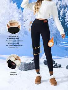 1 Piece Of Women's Velvet High Waisted Winter Sports Warm Thick Yoga Pants With Pockets - 黑色 - 查看 2