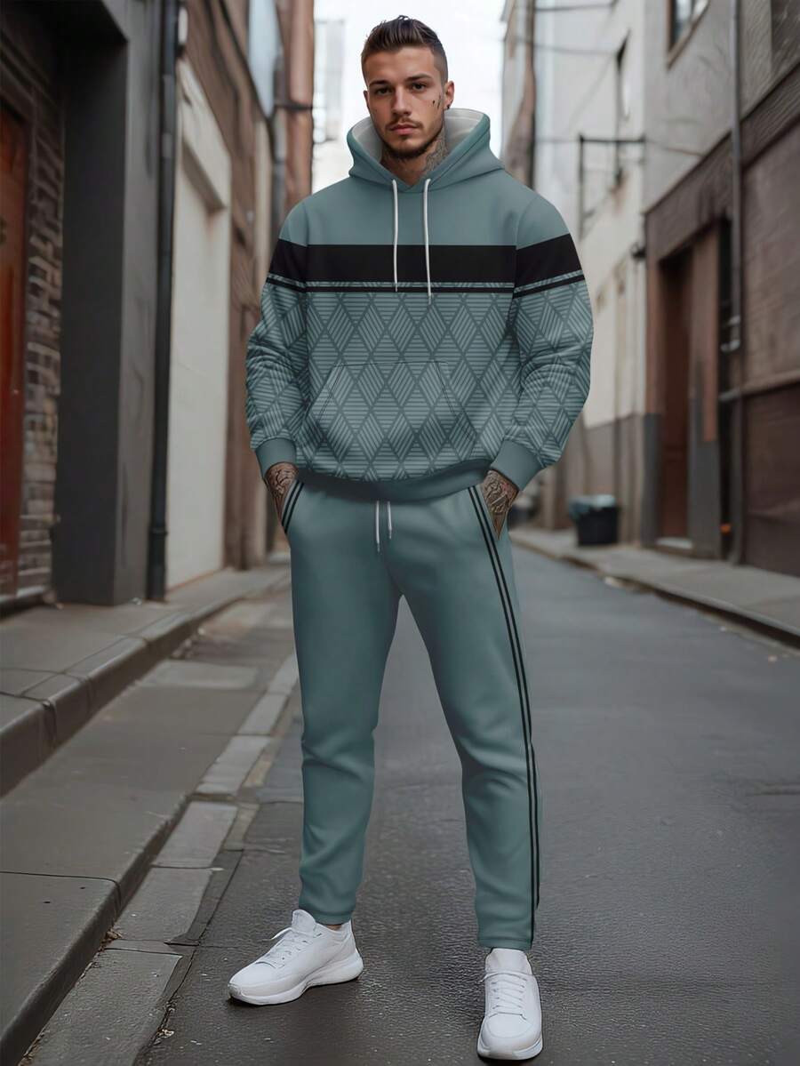 Set di felpa con cappuccio e pantaloni da uomo con colori a contrasto e patchwork