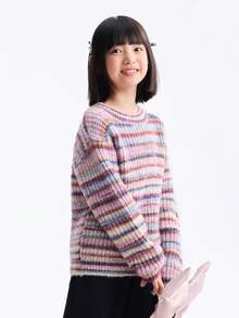 Annil Ropa infantil, suéter de punto de cuello redondo de manga larga para niñas, suéter de punto acolchado de algodón para el invierno - Polvo de campana dorado - Ver 2