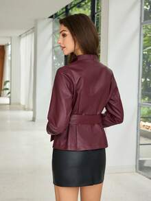 Burgundy Lapel Women's Coat With Metal Buckle And Belt, Casual Women's Wear, Christmas, Date, Winter Coat, Elegant Women's Wear. - Burgundy - View 3