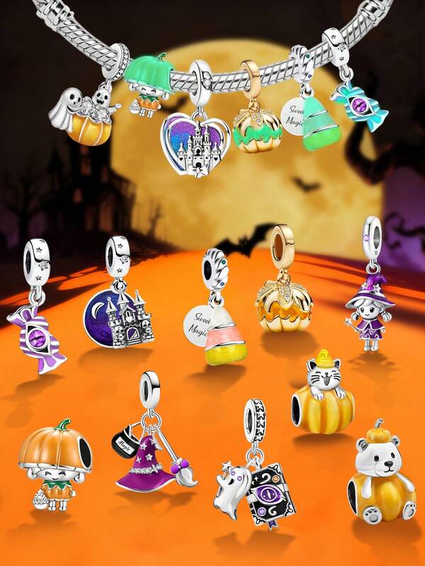 1 pieza Charm de plata de ley 925 con calabaza luminosa de fruta para Halloween, adecuado para pulseras, joyería DIY para mujeres