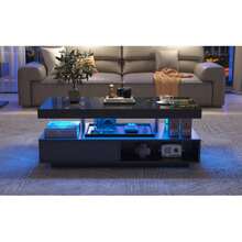 Glossy Black Coffee Table Measuring 95x50x42.5 Cm With 4 Glass Shelves, 2 Drawers And 2 Open Compartments. Low Living Room Furniture. - Black - View 5