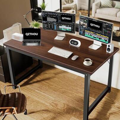 Desk Computer Table, Large Office Computer Desk With Retro Wooden Tabletop Sturdy Black Metal Legs Writing Tables F...