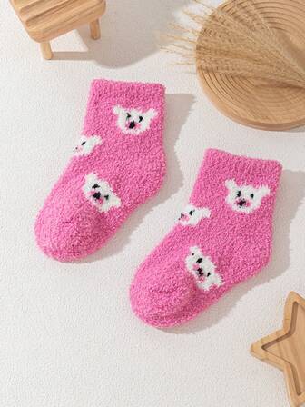 1 par de calcetines de pantufla acolchados con bordado de oso de dibujos animados lindos para niños, esencial para otoño/invierno