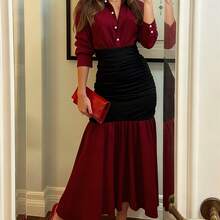 Solid Color Women's Casual Shirt Collar Patchwork Long Dress, Front Button Closure
