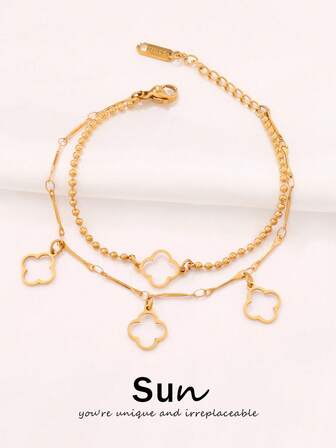 1pc Stainless Steel Four Leaf Clover Pendant Bracelet For Women Fashion Temperament Double Layer Chain Bracelets Jewelry