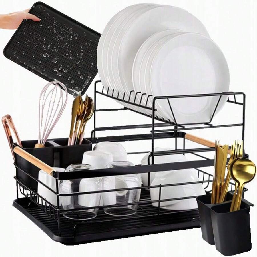 ⭐ PREMIUM 2-TIER DISH RACK – RUST-RESISTANT METAL WITH WOODEN HANDLES ⭐ This Premium 2-Tier Dish Rack Features A Modern, Compact Design, Crafted From Rust-Resistant Metal With Elegant Wooden Handles. Available In Black, White, And Gray, It Offers Ample Storage For Plates, Bowls, Glasses, And Utensils. Ideal For Keeping Your Countertop Organized, It Includes A Removable Drip Tray, Double Utensil Holder, And A Non-Slip Base. This Dish Rack Combines Durability, Functionality, And Aesthetic Appeal. Use It As A Dish Drainer, Kitchen Organizer, Or Dish Rack To Keep Your Sink Area Clean And Clutter-Free. - màu đen - Xem 1