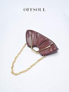 Vintage Asymmetrical Ruffle Cloud Clutch Bag, Unique Metal Hardware Handbag, High-End Retro Clutch Purse For Party, Banquet - 酒紅色 - 查看 6