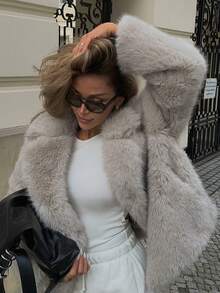 HH 女式冬季优雅纯色仿皮草效果长袖开衫外套女式休闲高街口袋外套