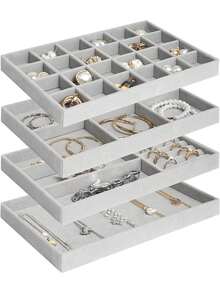 4-Pack Velvet Jewelry Display Trays Stackable Jewelry Storage Inserts Set Showcase Display Organizer For Ring Earring Necklace Pendants Bracelet - 灰色 - 查看 2