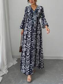 1pc Floral Print Casual Bohemian Elegant Woven Fabric Front Tie Bow Long Sleeve Dress, Women's Daily/Holiday/Travel, Spring/Autumn - Black - View 1