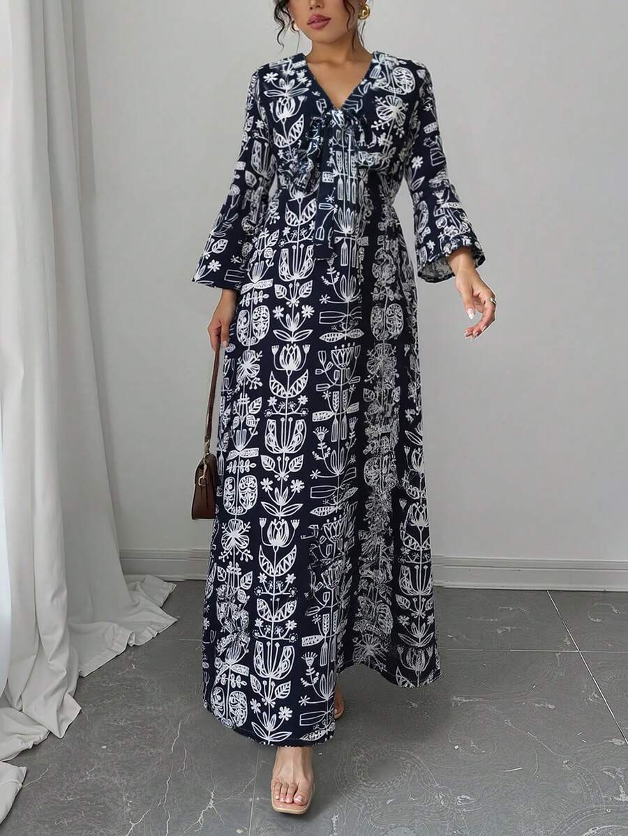 1pc Floral Print Casual Bohemian Elegant Woven Fabric Front Tie Bow Long Sleeve Dress, Women's Daily/Holiday/Travel, Spring/Autumn - Black - View 1