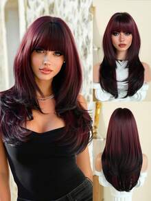 7JHH WIGS Glam 24-Inch Long Layered Wine Red Ombre Wig With Bangs For Women, Dark Roots Soft Heat-Resistant Fiber Full Machine Synthetic Straight Hair Wigs For Daily Party Cosplay Halloween Wear, Music Festivals Celebrations Use - 酒紅色 - 查看 2