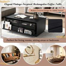 Holiday Coffee Table – 47" Modern Wood Table With Tempered Glass, Fluted Style & Drawers, Ideal For Christmas Living Room - 黑色+MDF+玻璃 - 查看 6