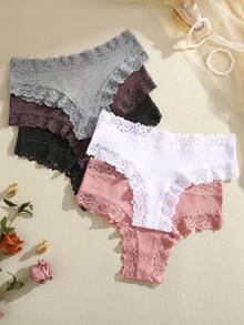 5pcs Women's Solid Color Minimalist Comfortable Lace Trim Bikini Panties - Multicolor - View 4