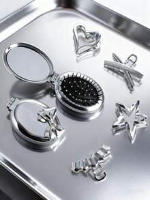 2pcs/Set Foldable Comb & Hair Clip Combo Set, Minimalist High-End Oval Air Cushion Comb With Electroplated Silver Design, Portable Foldable Comb, Cute Bow Hair Clip, Star/Wave/Heart Shaped Hair Clips, Ponytail Clips, Suitable For Students And Women, Great Gift ,Hair Styling Kit ,Hair Tool Kit