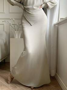 abyoxi 女士杏色罗纹针织竖条纹修身鱼尾长裙，抽绳腰带，复古优雅，简约休闲，适合日常出行、通勤、约会、正式晚宴、新年等场合，秋冬修身美人鱼裙 - 杏色 - 查看 3