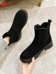 WARRIOR 1双女士日常冬季保暖雪地靴短靴圆头轻便防滑高帮平底休闲靴 - 黑色 - 查看 2