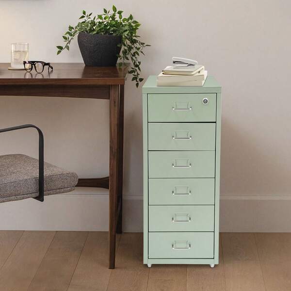 SanBouSi Lockable Vertical File Cabinet With 6 Drawers, Modern Green Cold-Rolled Steel Organizer With Wheels, Durable, Space-Saving For Office Or Home