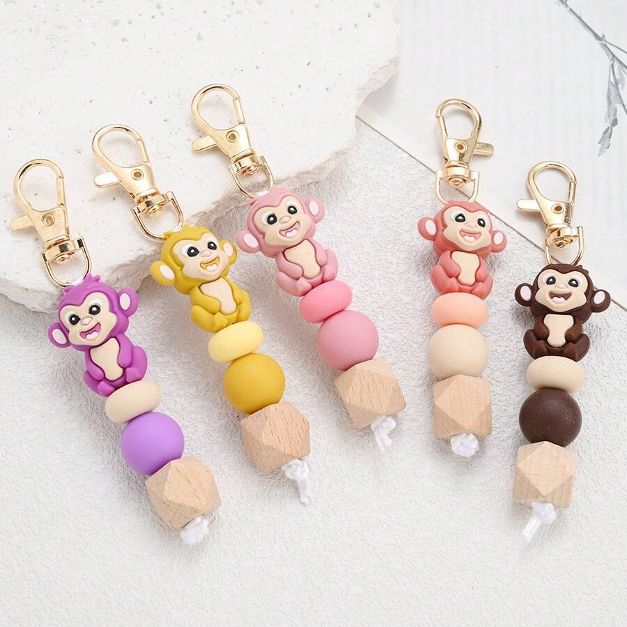 1pc 3D Silicone Monkey Beaded Keychain - Novelty Keyring, Lobster Clasp Pendant, Suitable For Backpack Hanging, Key Ring, Gift For Men And Women - Multicolor - View 1
