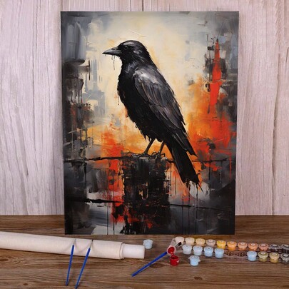 Halloween Black Crow Paint-By-Numbers Kit For Adults - Acrylic & Watercolor Canvas, Perfect Home Decor Gift, 16x20 Inches - Frame Not Included
