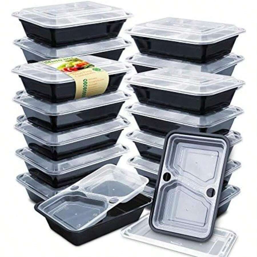 Enther - Contenedores de preparación de comidas [20 unidades] 2 compartimentos con tapas, caja bento de almacenamiento de alimentos, sin , apilables, fiambreras reutilizables, aptas para(Paquete de 20 3 compartimentos con bandeja) - Tipo 2 - Ver 1
