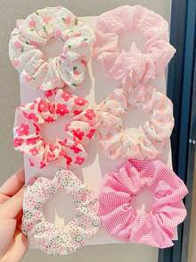 Cute 6pcs Floral Print Scrunchie,Pink Accessories Hair Ties Ponytail Holders Hair Elastics Hair Rubber Bands Scrunchies Hair Rope Elastic Hair Tie, Hair Bobbles ,Head Piece - Hồng - Xem 1