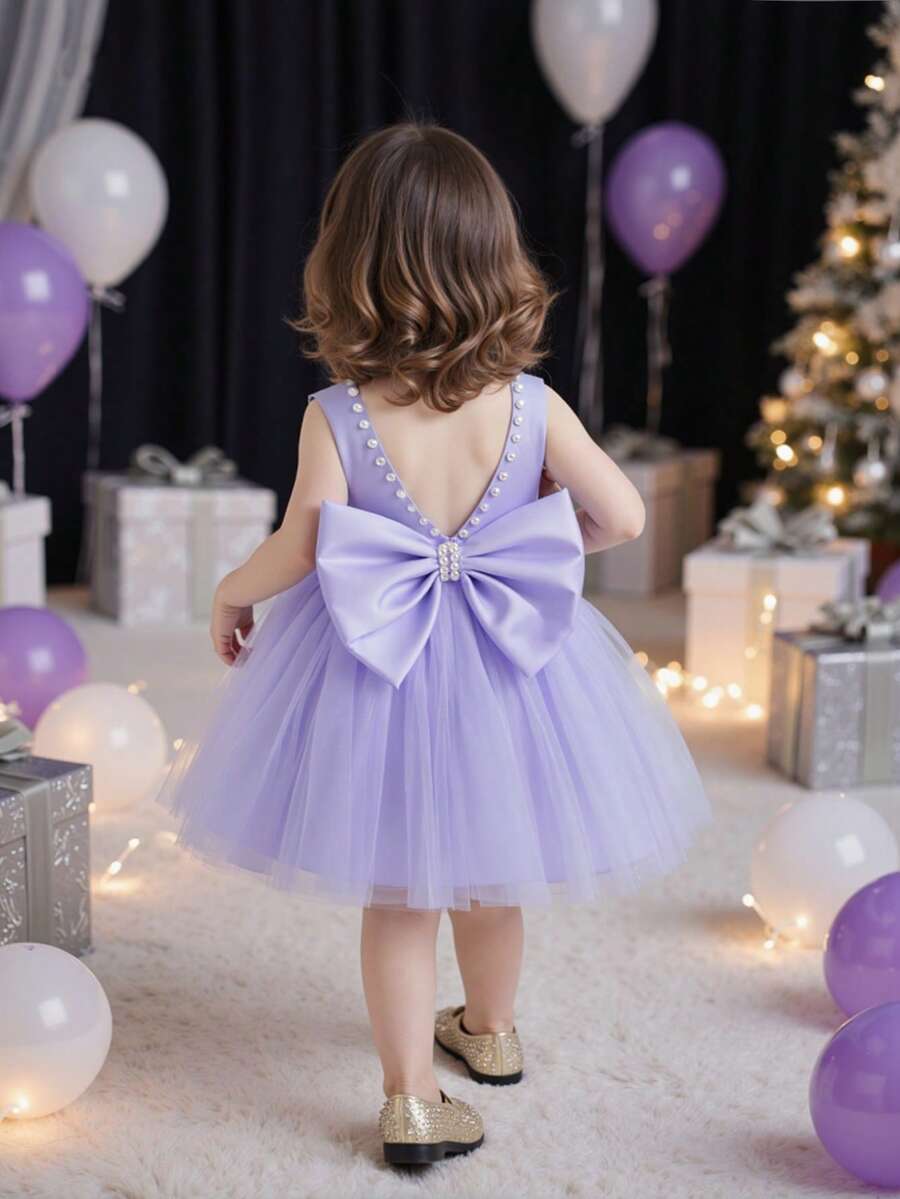 女婴手工串珠 3D 蝴蝶结圣诞派对薄纱优雅连衣裙，公主裙，适合女孩 1 岁生日礼物、派对、宴会、节日庆典 - 淡紫色 - 查看 1