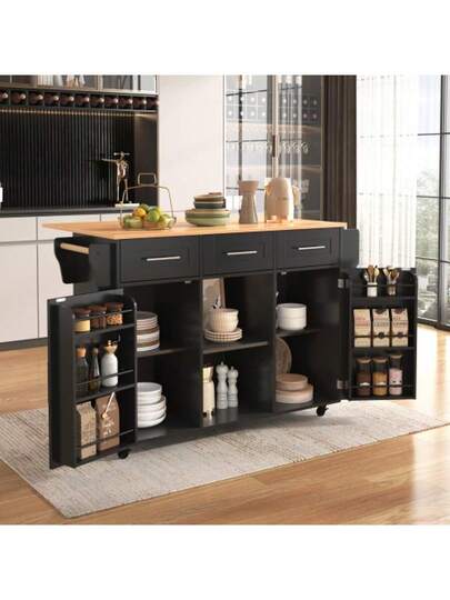 139x46(71)X91.5cm Dining Trolley/Sideboard, Zwart Body Solid Wood Grain Worktop, Fold Down Storage Door, Casters, Replaceable Feet, Room, Kitchen. Serving Trolley/Side Cabinet, Grijs Veneer The Wit Marble ation Cabinet/Fold Worktop/Storage Doors/R view 4