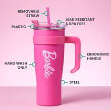 Miniso 1600ml Barbie Collection Large Capacity Stainless Steel Water Bottle With Straw Locking Leak-Proof Lid Travel Coffee Mug Tumbler With Handle Present For Woman - Pink - View 6