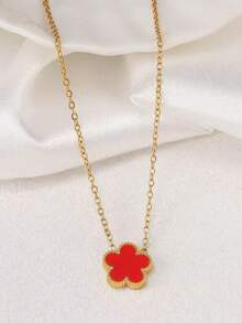1pc Stainless Steel Four-Leaf Clover Pendant Necklace, Minimalist Everyday Wear Lucky Flower Charm Necklace For Women - Golden Five-leaf Clover Necklace - View 18