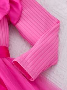 女童长袖圆领荷叶边罗纹撞色网纱连衣裙，甜美可爱，适合秋冬季节穿着。 - 玫紅色 - 查看 5