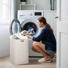 1/2pcs Set Large  Foldable Laundry Basket With Bamboo Handles, Waterproof Freestanding Clothes Hamper For Laundry Room, Bedroom, Dorm - Beige & Black - 白色 - 查看 6