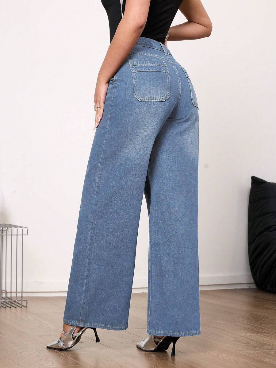 Women's Mid Rise Vintage Wide Leg Denim Jeans - Non-Stretchy Elegant For Home Leisure - Light Wash - View 1