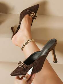 Women's New Brown Crystal Bow Pointed Toe High Heel Mules, Fashion Party Shoes,Burgundy Heels - Brown - View 1