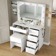Yanosaku Vanity Desk With Mirror & 11 LED Lights, Makeup Vanity With Power Outlets, 5 Drawers & Chair, Perfect Gift For Daughter Or Wife, White - Xem 3