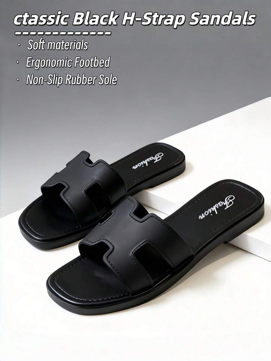 Women's Solid Color Open Toe Flat Sandals, Summer New Hollow Out Sandals, Elegant Ladies Sandals, Casual Comfortable Women's Sandals, Sandals, Women's Summer Sandals, New Beach Sandals, Elegant Casual Versatile Women's Flat Slippers, Black Sandals, Beach Sandals, Shoes, Slippers, Plateau, Women's Shoes