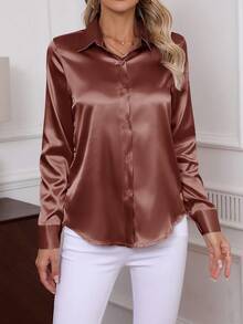 2026新款优雅纯色长袖衬衫，经典职业装女式衬衫 - 巧克力棕 - 查看 3