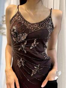 Women Y2k Fairy Sequin Butterfly Cami Tops Sleeveless Spaghetti Strap Mesh Sheer Crop Tank Tops See Through Camisole Summer Slim Fitted Shirt Vintage Aesthetic Clothes 2000S Streetwear - 咖啡棕 - 查看 1